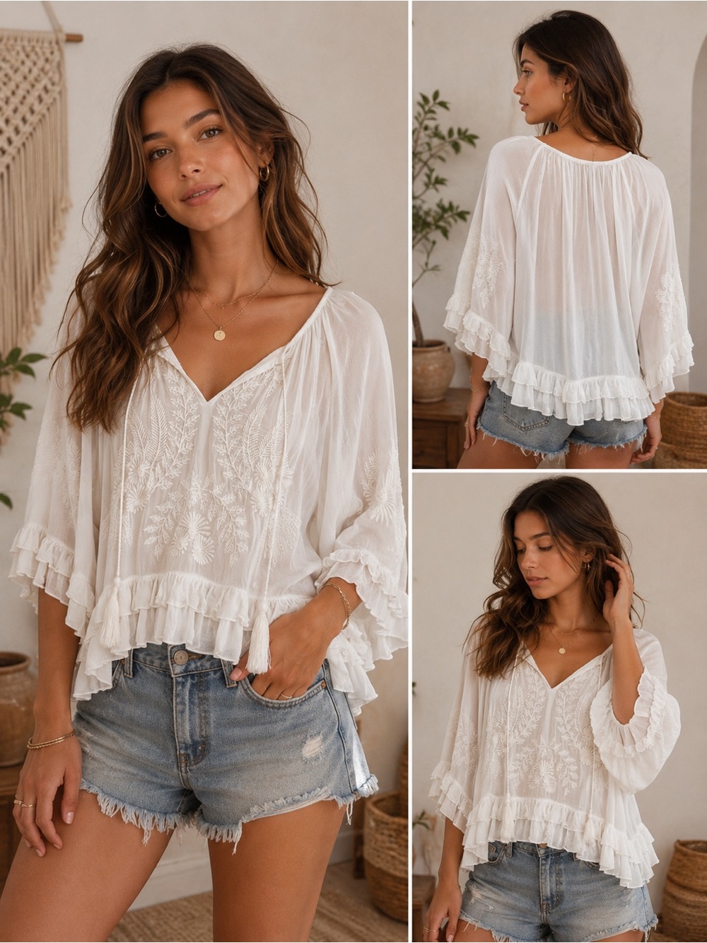 Anthropologie Ivory Embroidered Relaxed Fit Boho Peasant Blouse Tassel Top XS
